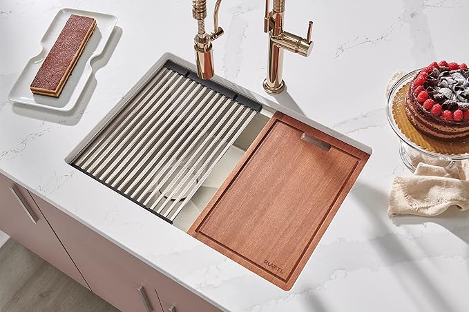 Ruvati 33-inch Workstation Kitchen Sink - Slope Bottom Offset Drain 16 Gauge Stainless Steel Kitchen Sink with Brushed Finish, Easy-to-Clean Undermount Sinks- RVH8591
