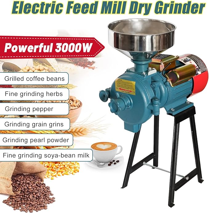 Electric Grain Grinder Mill, 3000W 110V, Dry Cereals Rice Coffee Wheat Corn Mills with Funnel, Grain grinder mill powder machine