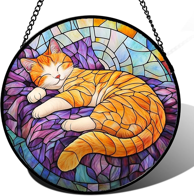 Stained Glass Window Hanging Sleeping Orange Cat Large 15" - Memorial Gift Suncatcher Door Sun Catcher Decor Birthday Christmas for Lost Pets Mom Men Woman Friend