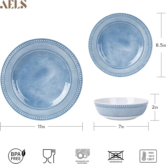 AELS Melamine Dinnerware Set of 12 Pcs, Dinner Dishes Set for Indoor and Outdoor Use, Melamine Plates and Bowls Set for 4, Dishwasher Safe, Lightweight Unbreakable, BPA Free, Soft Blue
