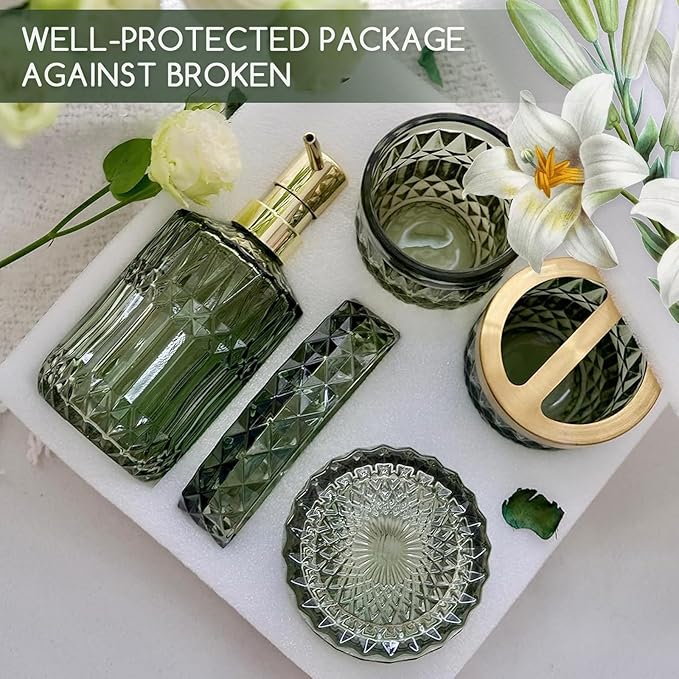 Green Bathroom Accessories Set, 5 Pcs Vintage Diamond Clear Glass Bathroom Set Include Lotion Soap Dispenser, Soap Dish, Toothbrush Holder, Tumbler, Cotton Swab Jar for Modern Bath Countertop Decor