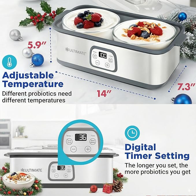 Ultimate Probiotic Yogurt Maker with Adjustable Time & Temp Control - Make Trillions of Live Probiotics with Two 1-Quart Containers for Larger Batches - Greek Yogurt Maker - ULTIMATE LIFETIME WARRANTY