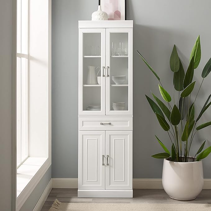 Crosley Furniture Stanton Glass Door Pantry Storage Cabinet with Shelves, Kitchen, Dining, or Laundry Room, White