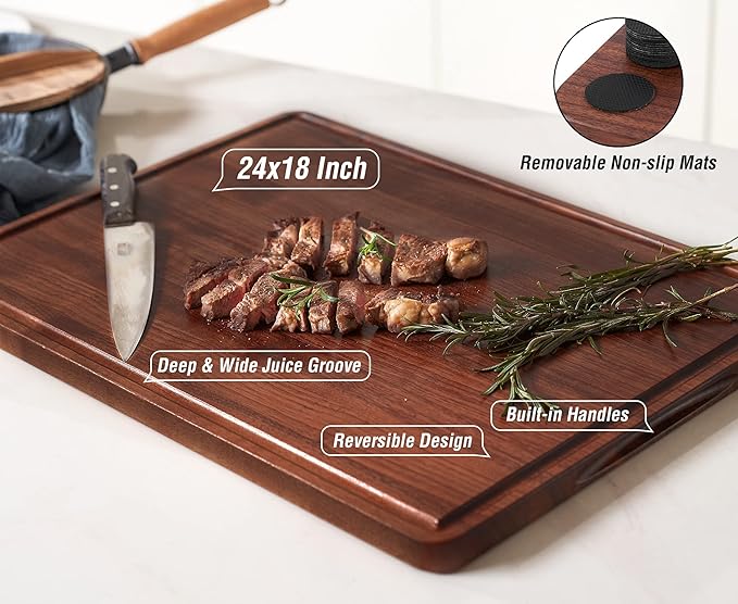 AZRHOM Walnut Wood Cutting Board, 24x18in Extra Large Wooden Chopping Boards with Deep Juice Groove and Side Handle, Thick Butcher Block for Kitchen Meat Cheese Gift for Wife Mom Gift Box