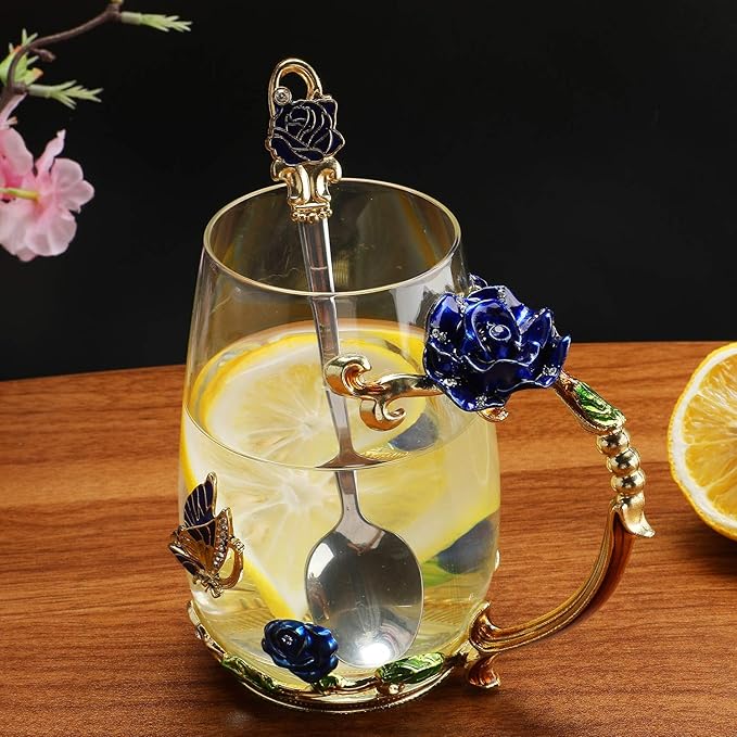 Luka Tech Enamels Butterfly flower Lead-free Glass Coffee Mugs Tea Cup with Steel Spoon, personalised Gifts For Women Wife Mom Friends Birthday Mothers Valentines Day Wedding (Blue-Tall)