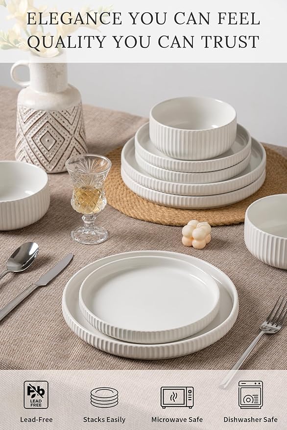 Pure & Practical Plates and Bowls Set for 6,FOBENTA 18 Piece White Dinnerware Sets – Ceramic Dish Set for Everyday Simplicity & Wellness Living