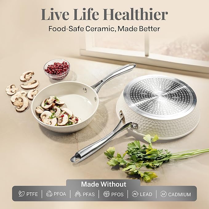 GOTHAM STEEL Hammered 10 Inch Non Stick Frying Pans with Lid, Frying Pans Nonstick with Lid, Non Toxic PFOA PFOS Free, Skillet Pan for Cooking, Induction Oven and Dishwasher Safe – Cream