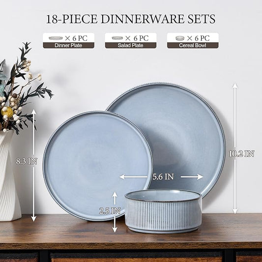 E-far Stoneware Dinnerware Sets, 18-Pieces Modern Plates and Bowls Sets, Kitchen Dinning Porcelain Dishes Set for 6, Chip & Scratch Resistant, Dishwasher & Microwave Safe, Dusty Blue
