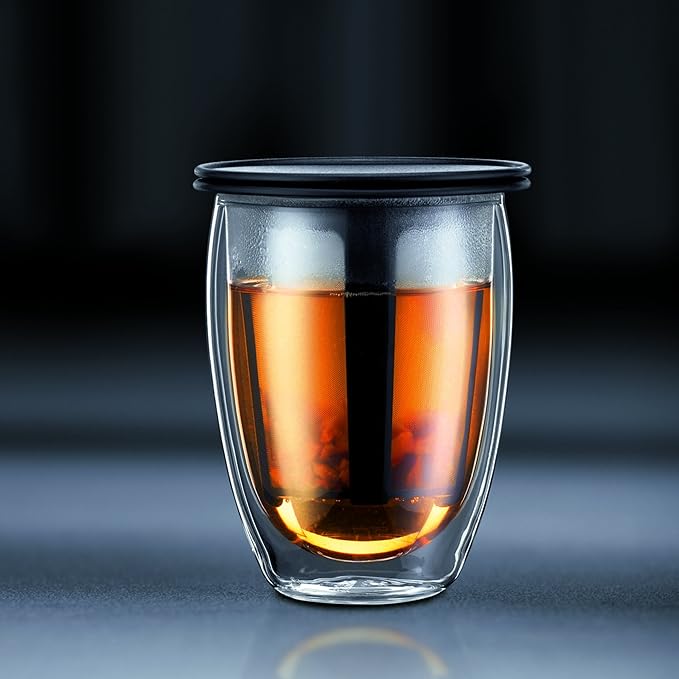 Bodum 12oz Tea Strainer w/Lid, Double Wall, High-Heat Borosilicate Glass, Black (Pack of 4)