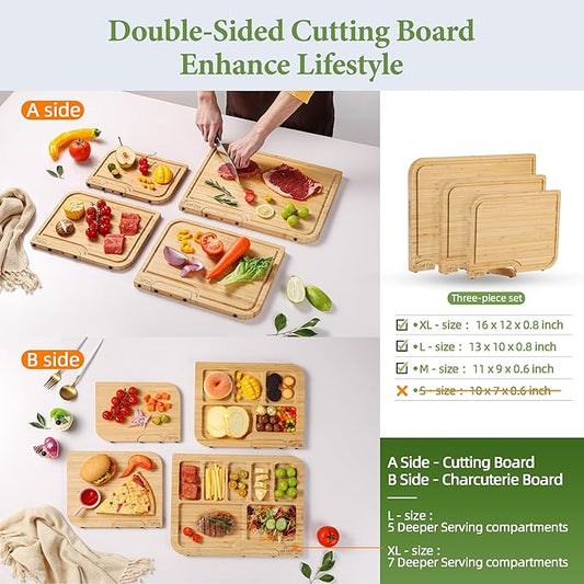 3-PCS Bamboo Cutting Board Set, Wood Cutting Board for Kitchen with Innovative Stand, Juice Groove & Handle, Double Sided for Chopping & Charcuterie Board, Kitchen Gift for Home Cooks, For Meat &Fruit
