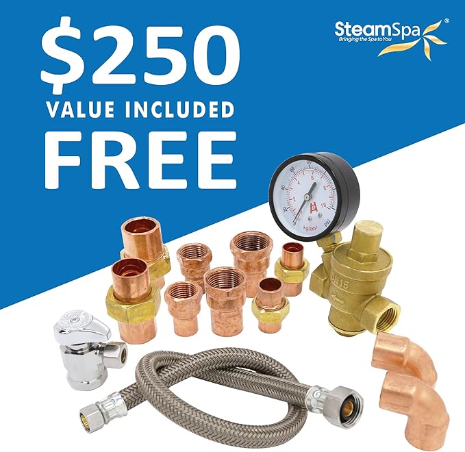 SteamSpa Executive 7.5 KW QuickStart ACU-Steam Bath Generator Package with Built-in Auto Drain and Install Kit Polished Gold, Steam Generator Kit with Dual Control Panel Steamhead 240V, (EXT750GD-A)
