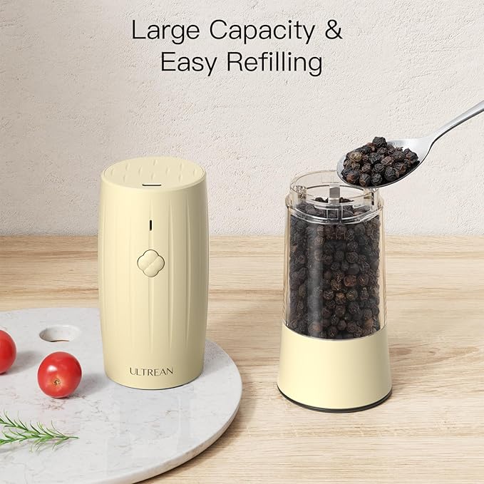 Ultrean Electric Salt and Pepper Grinder Set, Rechargeable Salt and Pepper Shakers, 6 Adjustable Coarseness, LED Light, Kitchen Gadget & Christmas Gifts, Cream