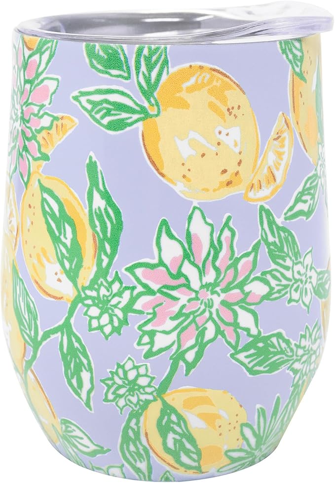 Lilly Pulitzer 12 Oz Insulated Tumbler with Lid, Yellow/Green Stainless Steel Travel Wine Glass, Double Wall Metal Cup, Make Lemonade
