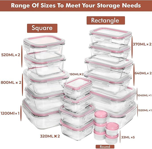 Razab 35 Pc Set Glass Food Storage Containers with Lids - Meal Prep Airtight Bento Boxes BPA-Free 100% Leak Proof (15 lids,15 glass & 5 Plastic Sauce/Dip Containers)