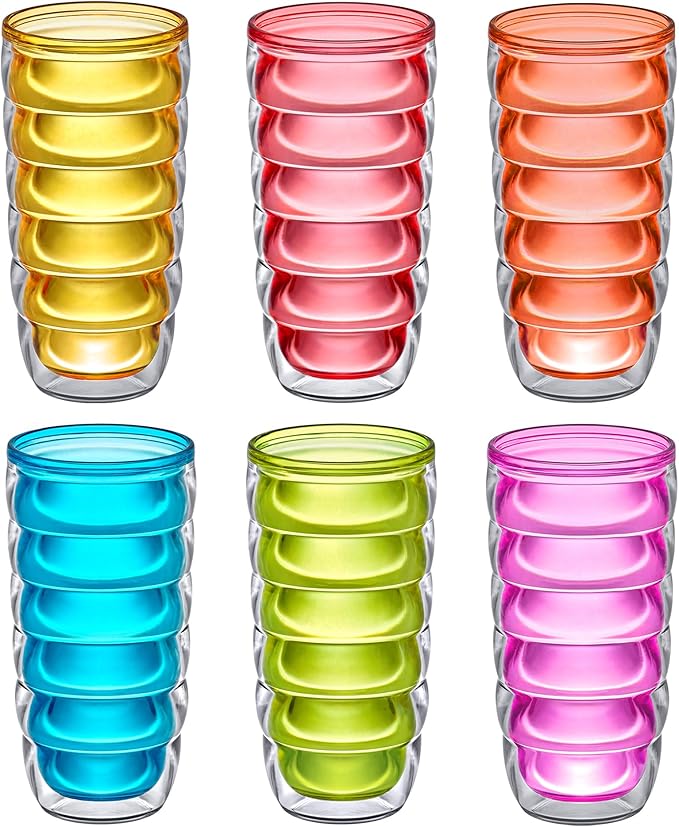 Amazing Abby - Arctic - 24-Ounce Insulated Plastic Tumblers (Set of 6), Double-Wall Plastic Drinking Glasses, Mixed-Color Reusable Cups, BPA-Free, Shatter-Proof, Dishwasher-Safe