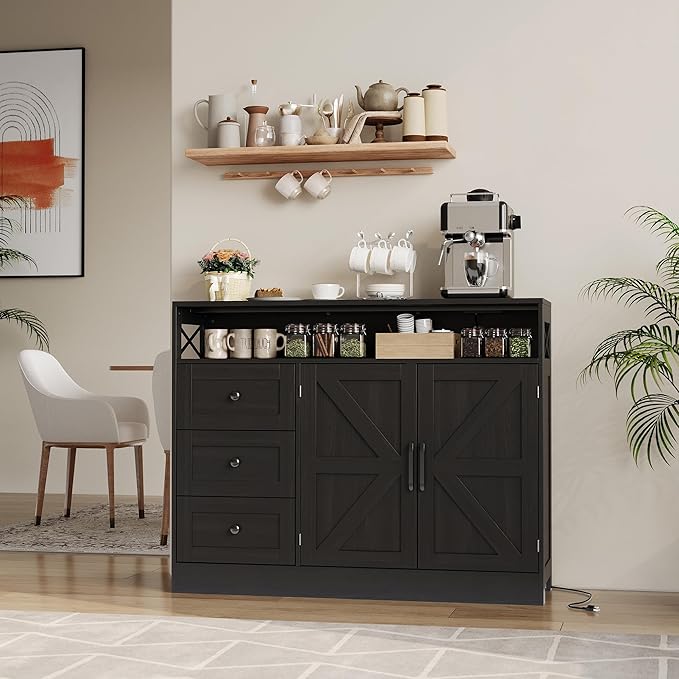 OUTLANE 47In Large Buffet Cabinet, Modern Farmhouse Sideboard with 3 Drawers, Wood Cupboard Storage Pantry Cabinet with 2 Barn Doors&Adjustable Shelf, Storage Cabinet for Living Room, Kitchen, Black