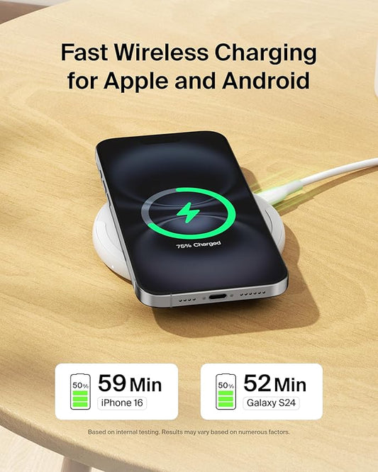 Belkin Wireless Charging Pad 15W - Qi Charger, Charging Station for Apple iPhone 17, iPhone 16/15/14 Series, AirPods, Samsung Galaxy S25, Galaxy S24, Pixel 10 - Power Supply and Cable Included - White