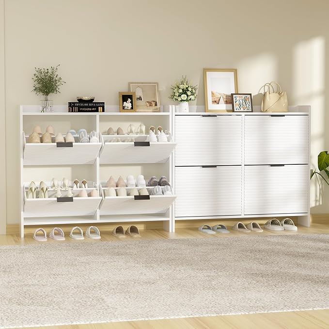 White Shoe Storage Cabinet for Entryway with 4 Flip Drawers, Narrow Wood Shoe Rack Cabinet,Hidden Slim Shoe Storage Freestanding Shoe Organizer Cabinet for Hallway
