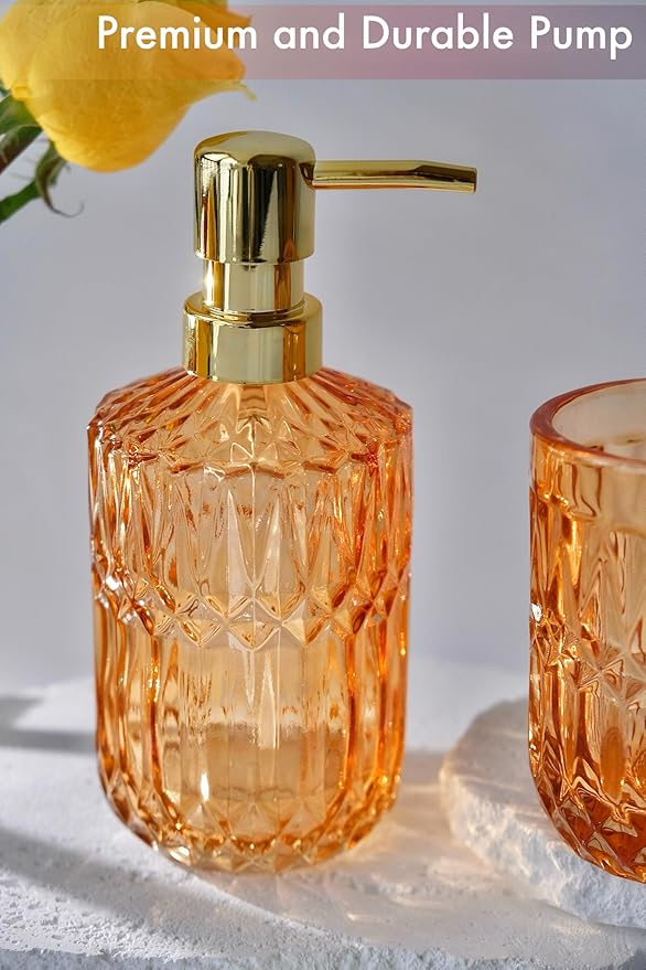 Orange Bathroom Accessories Set, 5Pcs Clear Glass Bathroom Set Accessories, Lotion Soap Dispenser, Soap Dish, Tumbler, Toothbrush Holder Set, Qtips Holder for Crystal Vintage Bathroom Decor,
