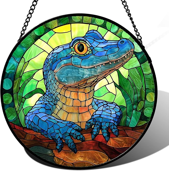 Stained Glass Window Hanging, Blue Alligator Sun Catcher for Window Door Home Decor Green Brown Suncatcher Christmas Mother's Day Birthday Gifts for Women Men Mom and Nana 7.8 in