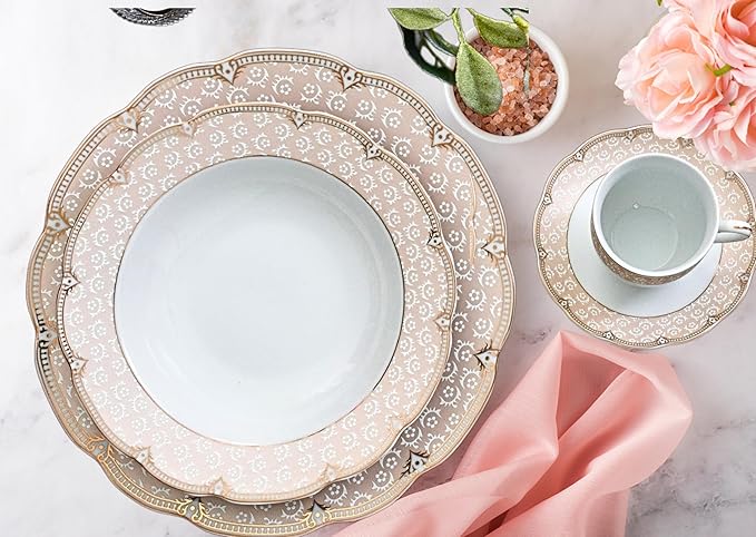 Dinnerware Set for 8-49 Piece Vintage Porcelain Dining Set - Gorgeous White and Pink Floral Design - Plates, Bowls, Cups and Saucers - For Everyday Dishes and Formal Occasions (Sandra Pink 2049)