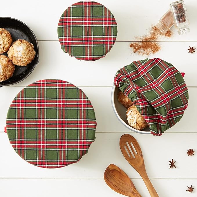 DII Reusable Cloth Bowl Cover Collection Machine Washable, Cotton with Elastic Stretch for Food Storage, 10.25"/8.25"/7.5" Diameter, O' Christmas Tree Plaid, 3 Piece