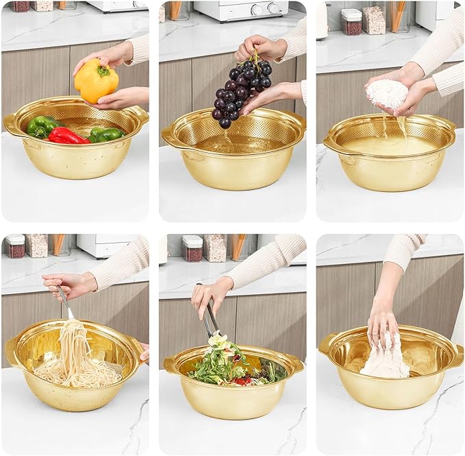 304 Stainless Steel Microporous Colander with Handle, Rice Washers Microporous Strainer Set For washing vegetables, fruits and rice, and draining cooked pasta(4QT with handle-Gold)