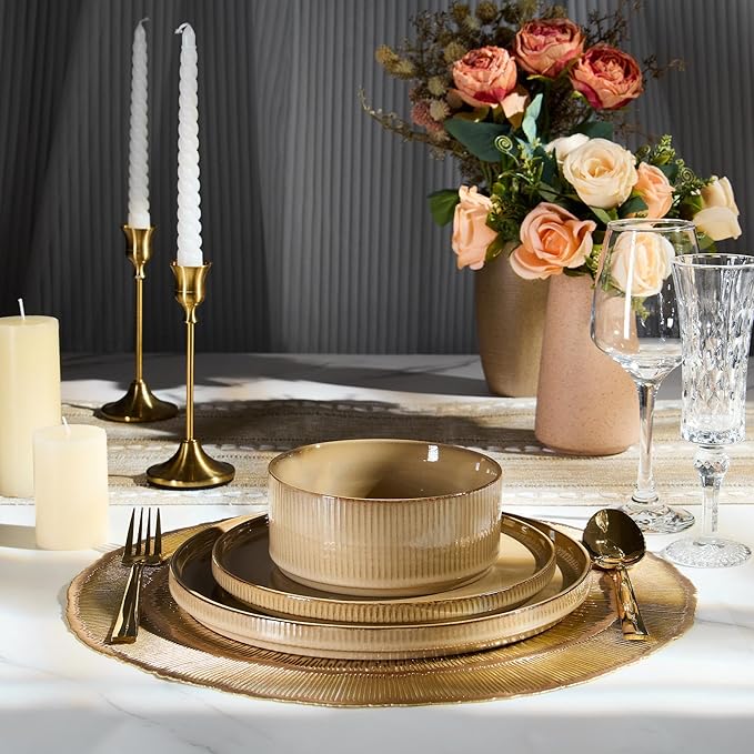 E-far 16 Piece Dinnerware Sets, Plates and Bowls with Pasta Bowls Service for 4, Modern Stoneware Ribbed Dishes for Kitchen Dining, Microwave & Dishwasher Safe, Caramel Khaki