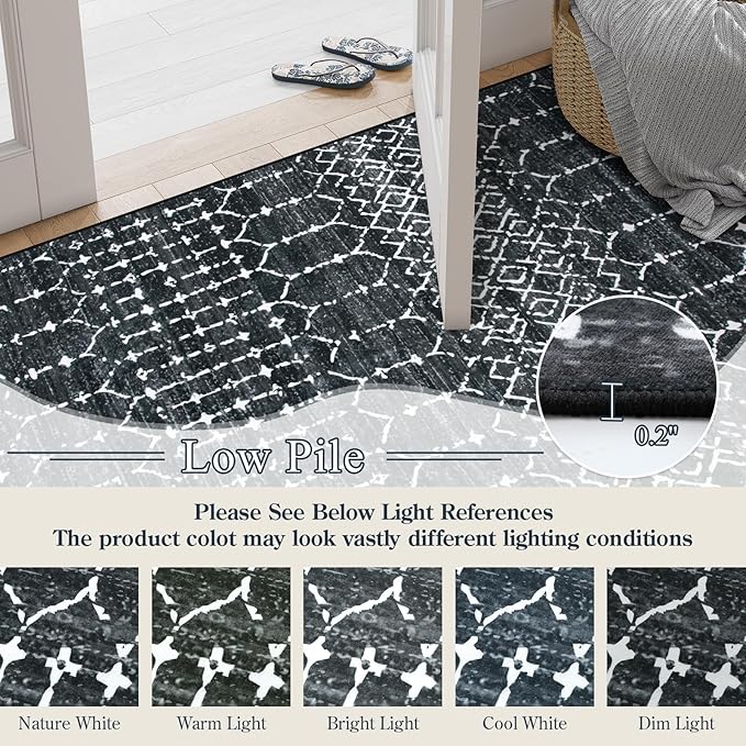Lahome Moroccan Black Area Rugs 6x9 Living Room - Non-Slip Backing Ultra-Thin Large Throw Stain Resistant Dining Room Rugs for Under Table, Geometric Print Modren Soft Carpet for Bedroom Office