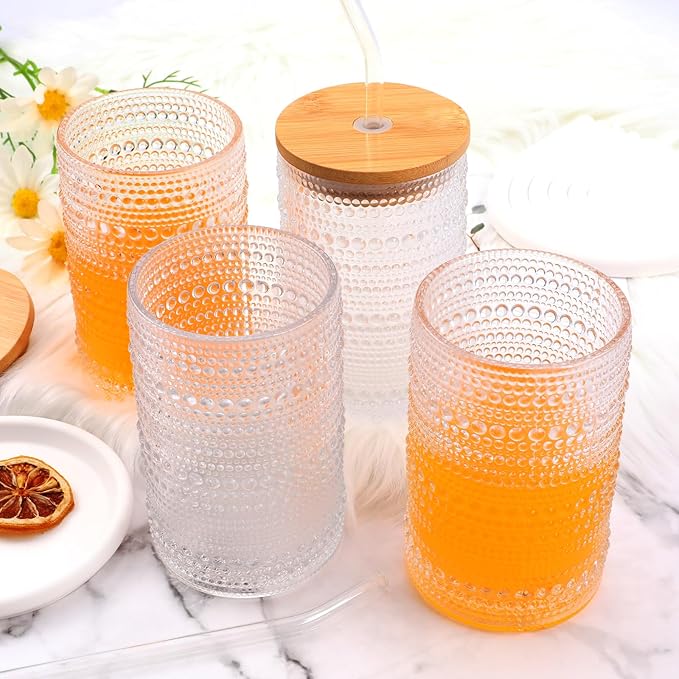 Vintage Hobnail Drinking Glasses Set of 4, 16 oz Highball Glasses Cup Set, Kitchen Water Glasses Cup, Bar Mixed Drinkware Set for Beer, Juice, Cocktail, Whiskey, Milk