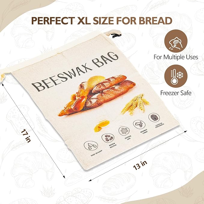 2-Pack Reusable Beeswax Bread Bags for Homemade Bread Sourdough, 2 Natural Beeswax 100% Linen Moisture-proof Lined Storage Bags with Buckle& 1 Bowl Covers –Keeps Bakes Fresh Longer (Bread print color)
