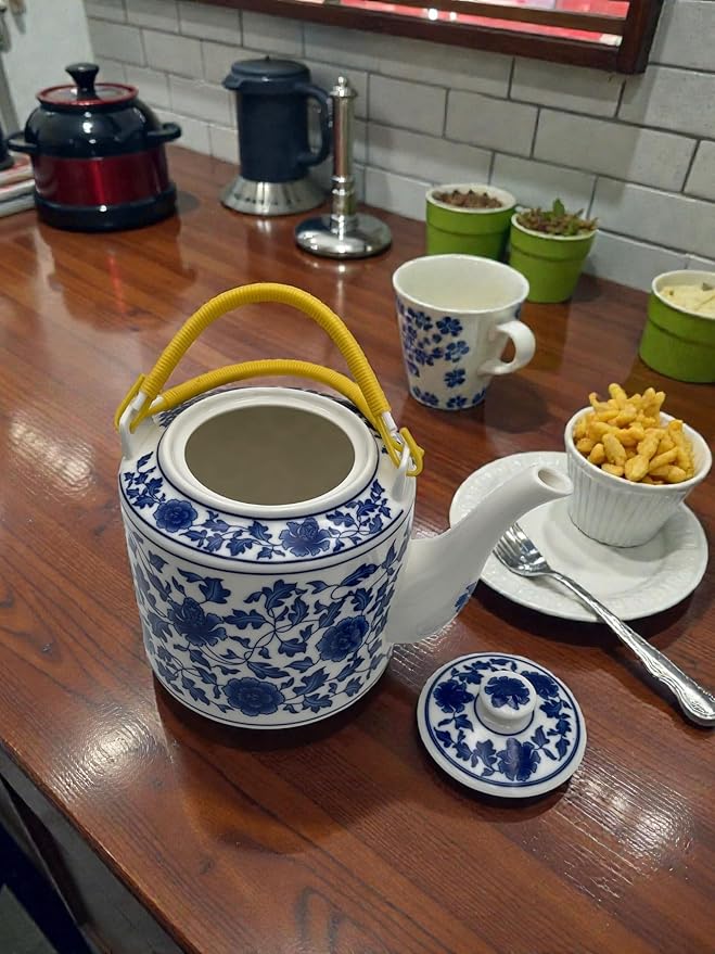 Large Teapot Blue and White Tea Pot Porcelain 66 OZ Floral (Lotus Vine)