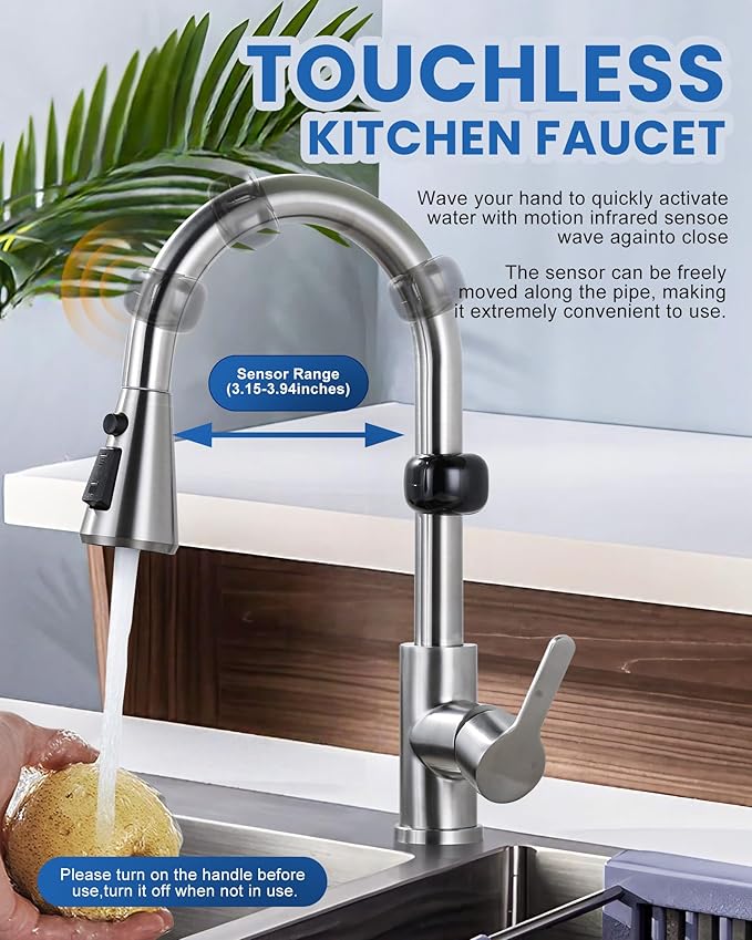 Touchless Kitchen Faucet Motion Sensor - Activated Smart Hands Free Kitchen Faucets with Pull Down Sprayer Single Handle Kitchen Sink Faucet,Brushed Nickel