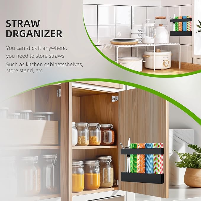 CIEO Straw Organizer for Cabinet Door Storage, 9.5" Large Acrylic Holder for Reusable Tumbler Straws Chopsticks Spoons, Adhesive Under Cabinet Mount Kitchen Container（Black）