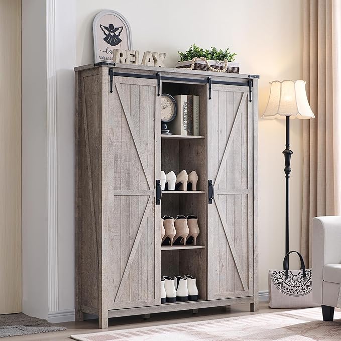 OKD Storage Cabinet with 2 Sliding Door, 7-Tier 62" Tall Farmhouse Entryway Shoe Cabinet, Freestanding Rustic Hidden Shoe Organizer for Entryway, Light Rustic Oak