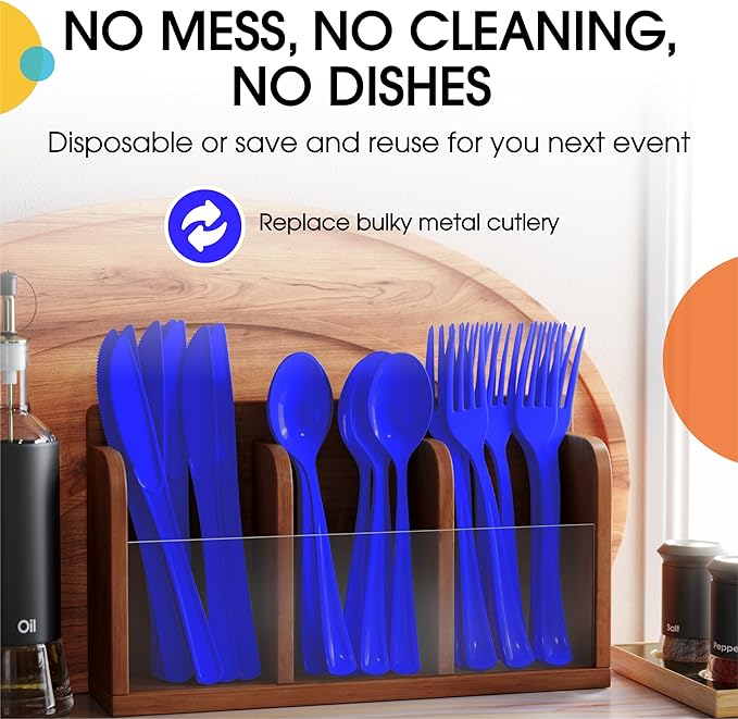 Party Solids Dark Blue Plastic Silverware Heavy Duty 150 Pieces Dark Blue Disposable Silverware Heavy Duty, Utensil Sets, 50 Of Each Forks, Knives & Spoons Disposable Cutlery Set For Party Supplies
