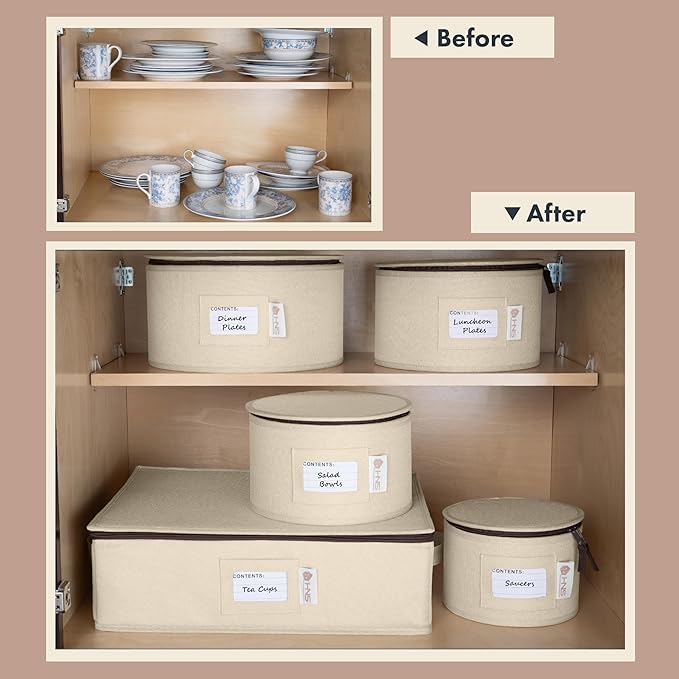 Hard Shell China Storage Containers 5-Piece Set Moving Boxes for Dinnerware, Glasses, Plates, Mugs and Saucers Sturdy Dish Organizer with Dividers for Seasonal Storage - Service for 12 - Beige