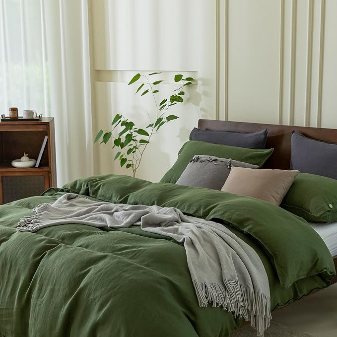 EVERLY 100% Pure Linen Duvet Cover Set King Size104X90Inch 3pcs (1 Duvet Cover,2 Pillowcases) Soft and Breathable for All Season with Coconut Button Closure, Suitable for Hot Sleepers-Mossy Green