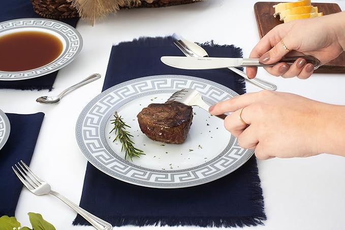 Dinnerware Set for 8-49 Piece Vintage Porcelain Dish Set - White and Silver Greek Key Design - Luxurious Tableware - For Everyday Use or Formal Occasions (Meander Silver 2049)