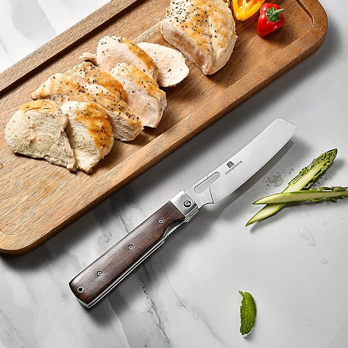 Folding Chef Knife with Nylon Pouch 4.8" Sharp 440A Stainless Steel Blade Wooden Handle Pocket Foldable Japanese Style Kitchen Knife for Outdoor Camping Cooking
