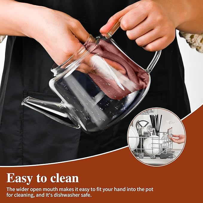 Glass teapot with infuser, Ehugos 1000ml(33oz) Stovetop Safe Hand Crafted Clear Glass Teapot with Removable Infuser for Loose Leaf Tea and Blooming Tea