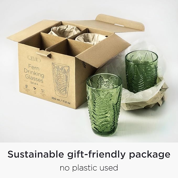 Vintage Green Drinking Glasses Set of 4 – 16 oz Hand-Blown Glass Tumblers, Heavy Textured Highball Cups, Antique-Style Colored Glassware, Retro Boho Aesthetic Drinkware – Unique Housewarming Gift