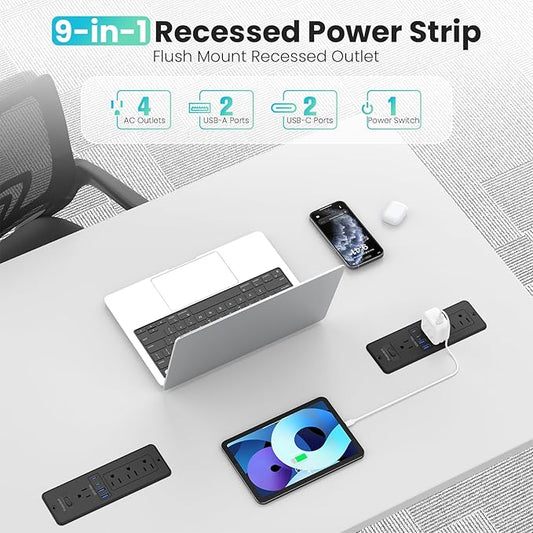 65W GaN USB C Recessed Power Strip, 4 AC Outlets & 2 USB-C PD + 2 USB-A QC, Flush Mount Hidden Charger Station for Desk Drawer Home Office Furniture