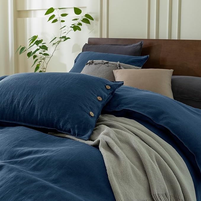 EVERLY 100% Pure Linen Duvet Cover Set California King Size 104X98Inch 3pcs (1 Duvet Cover,2 Pillowcases) Soft Breathable for All Season with Coconut Button Closure,Suitable for Hot Sleepers-Navy Blue