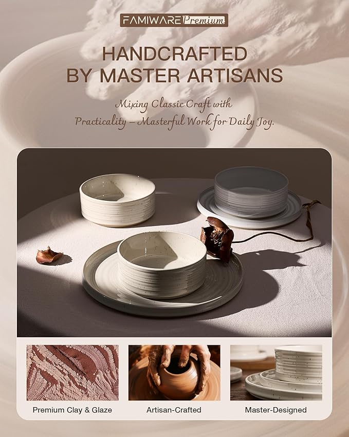 Stoneware Dinnerware Sets, Dish Set for 6, 18 Pieces Spiral Dishware Set with Straight Rim, Speckles & Reactive Glaze - Microwave and Dishwasher Safe Tableware, Shell Beige