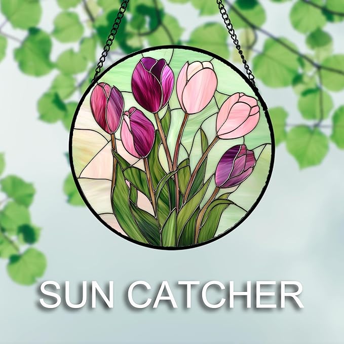 Stained Glass Window Hanging 4 Pcs Set Tulips Plum Flower Daffodils Hyacinths Large 15" - Suncatcher Door Garden Sun Catcher Decor Birthday Mother's Day for Mom Woman Nana