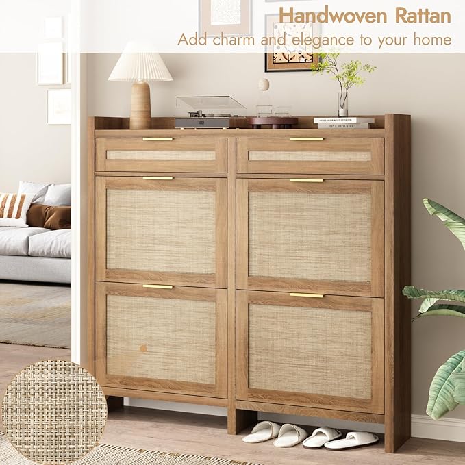 Large Rattan Shoe Storage Cabinet with 4 Flip Drawers & 2 Storages–Hidden Slim Shoe Organizer for Entryway, Large Tabletop Space, Farmhouse Boho Narrow Shoe Rack, Rustic Oak