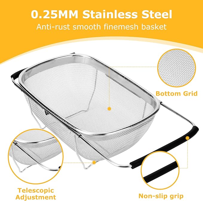 ZDRongZhen Kitchen Accessories Over the Sink Colander Strainer Basket，Stainless Steel Colander with Expandable Rubber Grip Sink Drainer-Rinse Vegetables Fruits &Strain&Drain (Medium-Fine mesh)
