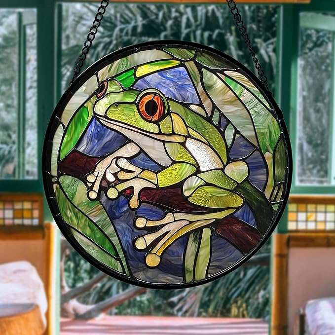 Stained Glass Window Hanging, Teal Frog Sun Catcher for Door Home Decor Green Suncatcher Christmas Mother's Day Birthday Gifts for Women Men Mom and Nana 9.8 in