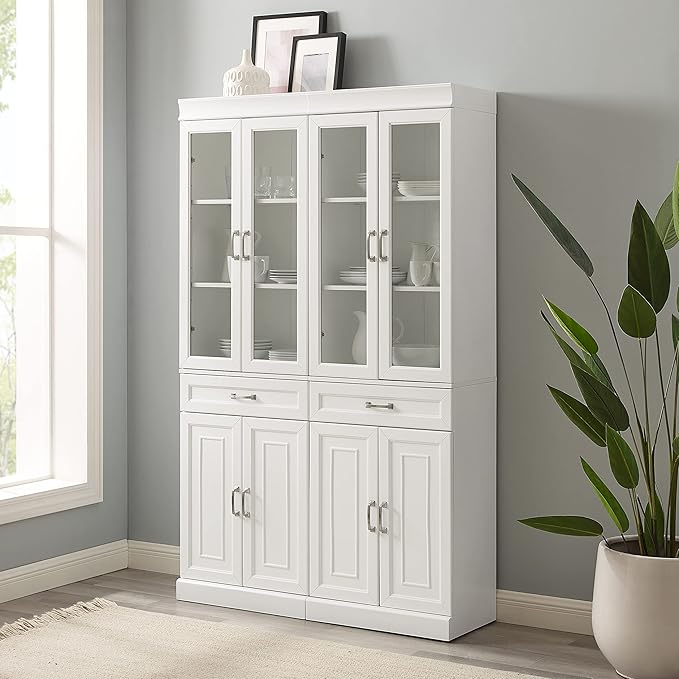 Crosley Furniture Stanton 2-Piece Glass Door Kitchen Storage Pantry Cabinet with Shelves Dining, Laundry Room, White